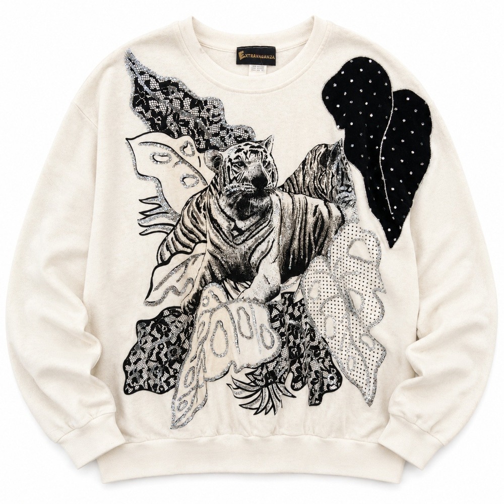 Vtg 80s‎ Tiger Cat Meow Sweatshirt Glitter Bling Disco Pride Patchwork Deadstock